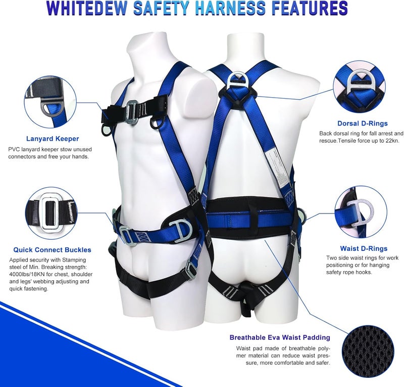 Whitedew طقم حزام الأمان لحماية السقوط مع حبل ممتص للصدمات، أحزمة عمل السقف حزام أمان كامل الجسم للبناء (أزرق) - Image 2